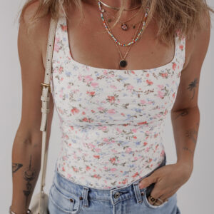 Body Blanco Floral Sin Mangas Escote Cuadrado