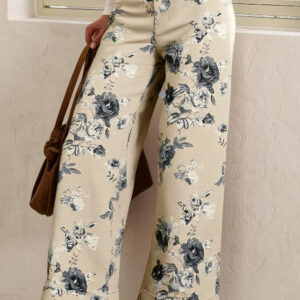 Jean Beige Retro Floral Estampado Doblado Con Puño Ruedo