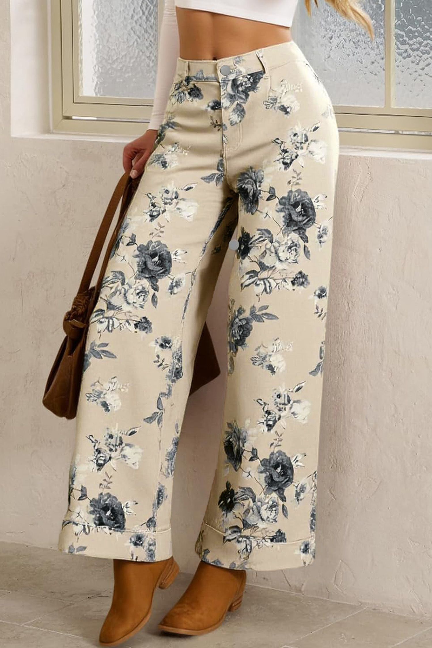 Jean Beige Retro Floral Estampado Doblado Con Puño Ruedo