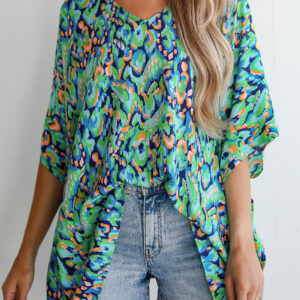 Blusa Verde Estampado Abstracto Manga Corta Suelta Escote V