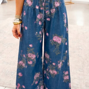 Jean Azul Retro Floral Estampado Con Atado Elástico Cintura