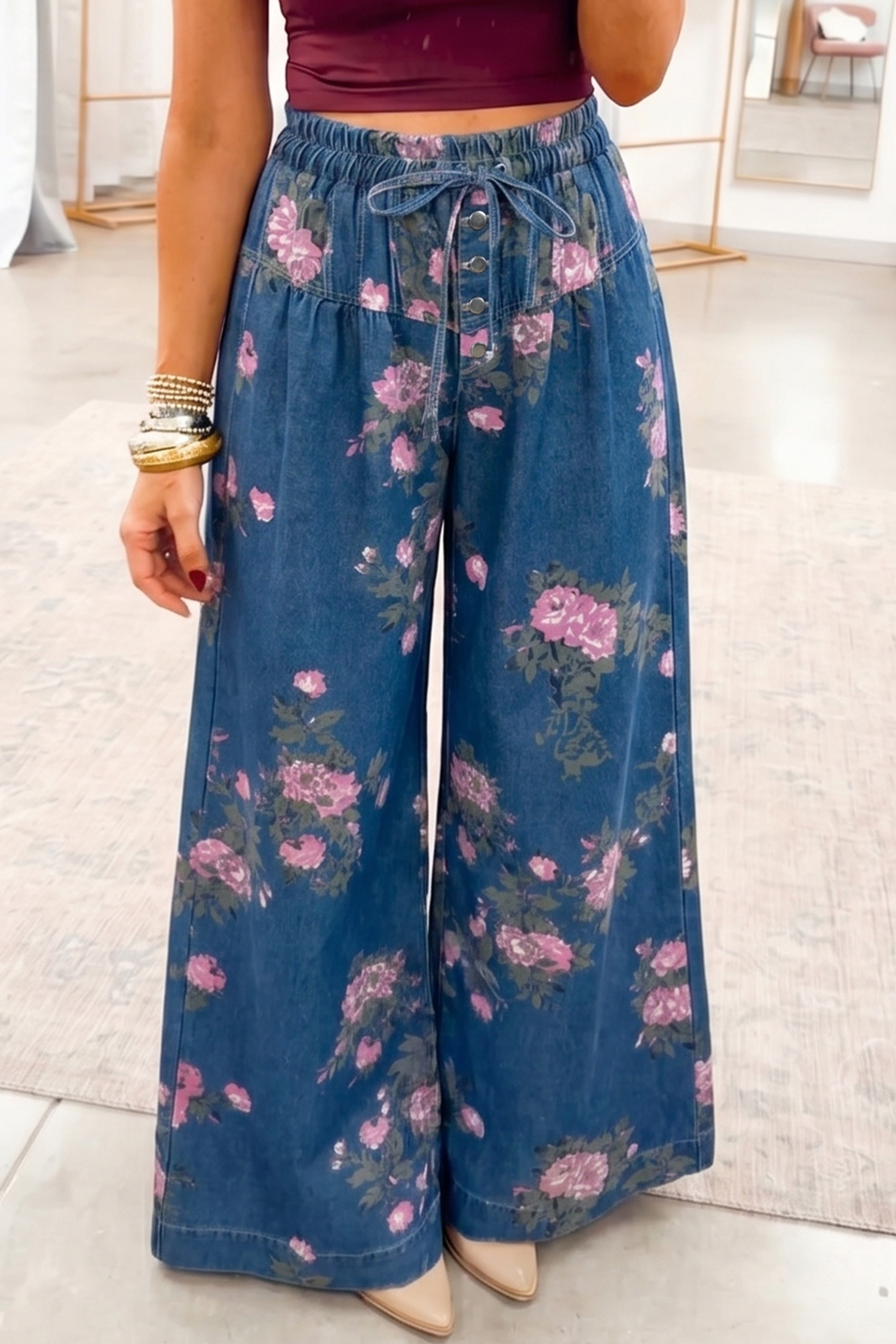 Jean Azul Retro Floral Estampado Con Atado Elástico Cintura