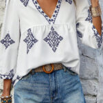 Blusa Blanco Boho Manga Pulsera Escote V