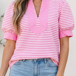 Blusa Rosa a Rayas Combinado Manga Corta Escote con Abertura