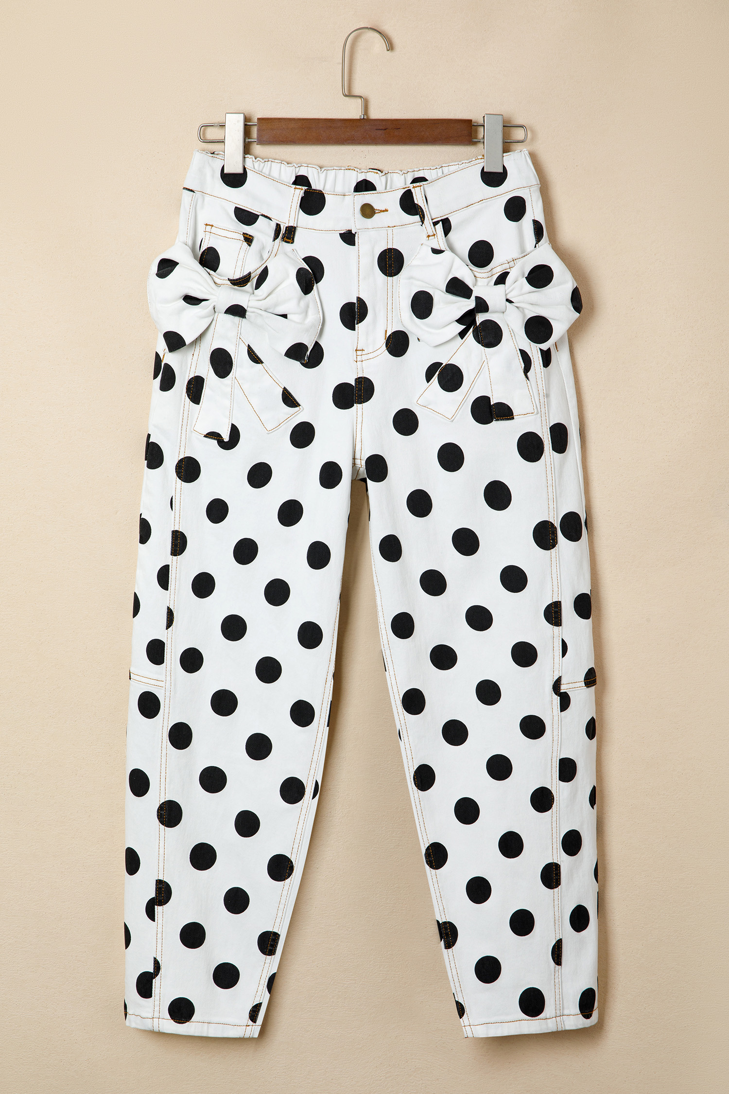 Jean Blanco Lunares Estampado Moño Detalle Con Bolsillos - Image 5