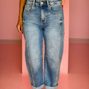 Jean Crepúsculo Azul Vintage Lavado Con Costura Detalle