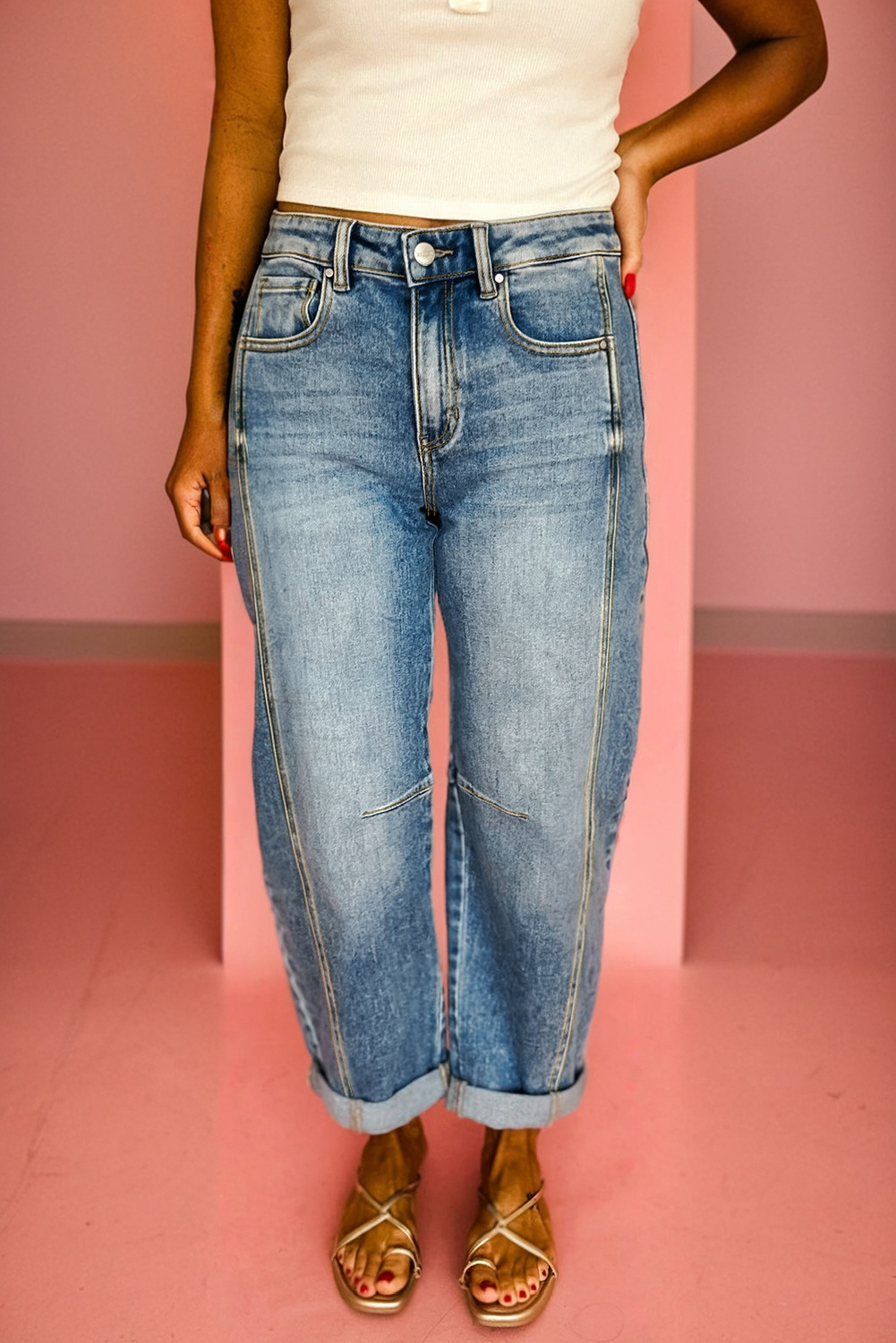 Jean Crepúsculo Azul Vintage Lavado Con Costura Detalle