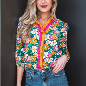 Blusa Verde Floral Manga 3/4 Escote V