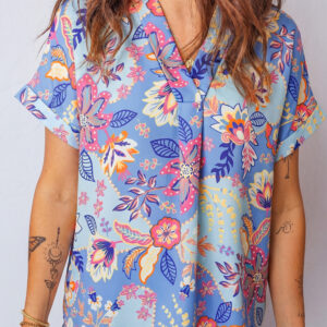 Blusa Violeta Floral Manga Corta Escote V