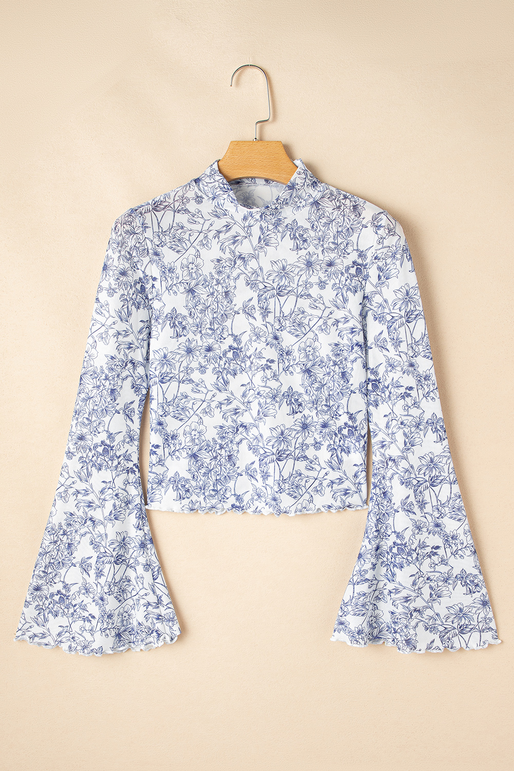 Top Corto Celeste Floral Manga Campana Malla - Image 5