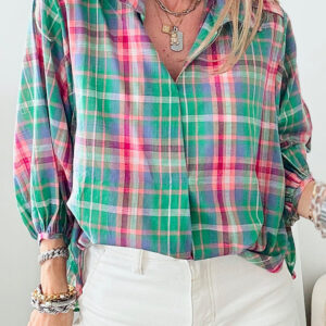 Camisa Verde Manga 3/4 Suelta Con Cuello