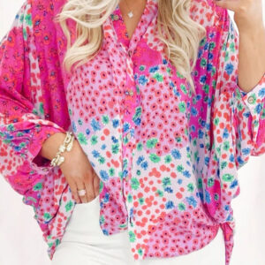 Camisa Rojo Rosado Floral Oversize Escote V