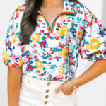 Blusa Azul Pavo Real Floral Manga Corta Escote V