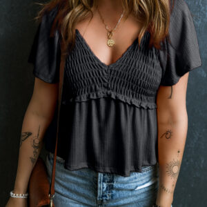 Blusa Negro Con Textura Manga Volado Escote V