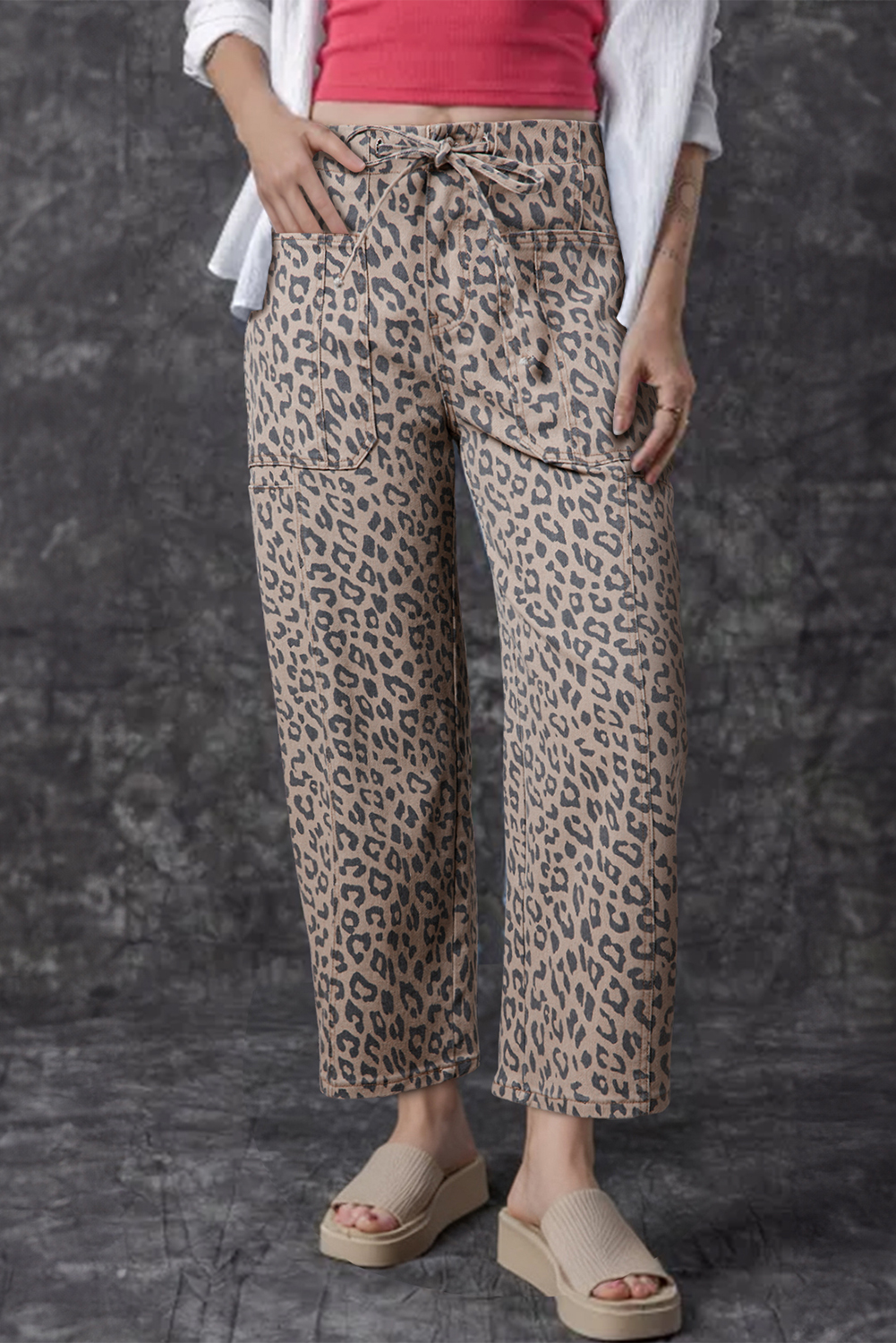 Jean Caqui Animal Print Leopardo Estampado Cordón Elástico