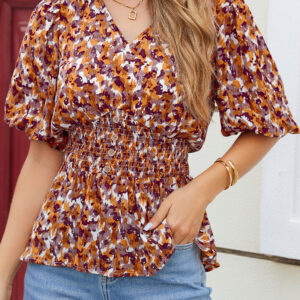 Blusa Marrón Fruncido Elástico Estilo Babydoll Escote V