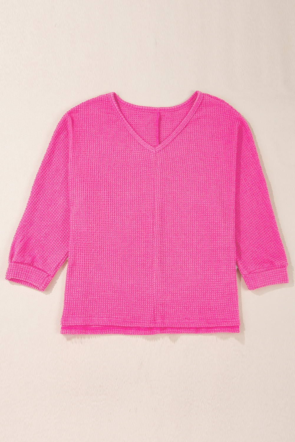 Top Rojo Rosado Tejido Waffle Suelto Escote V - Image 5