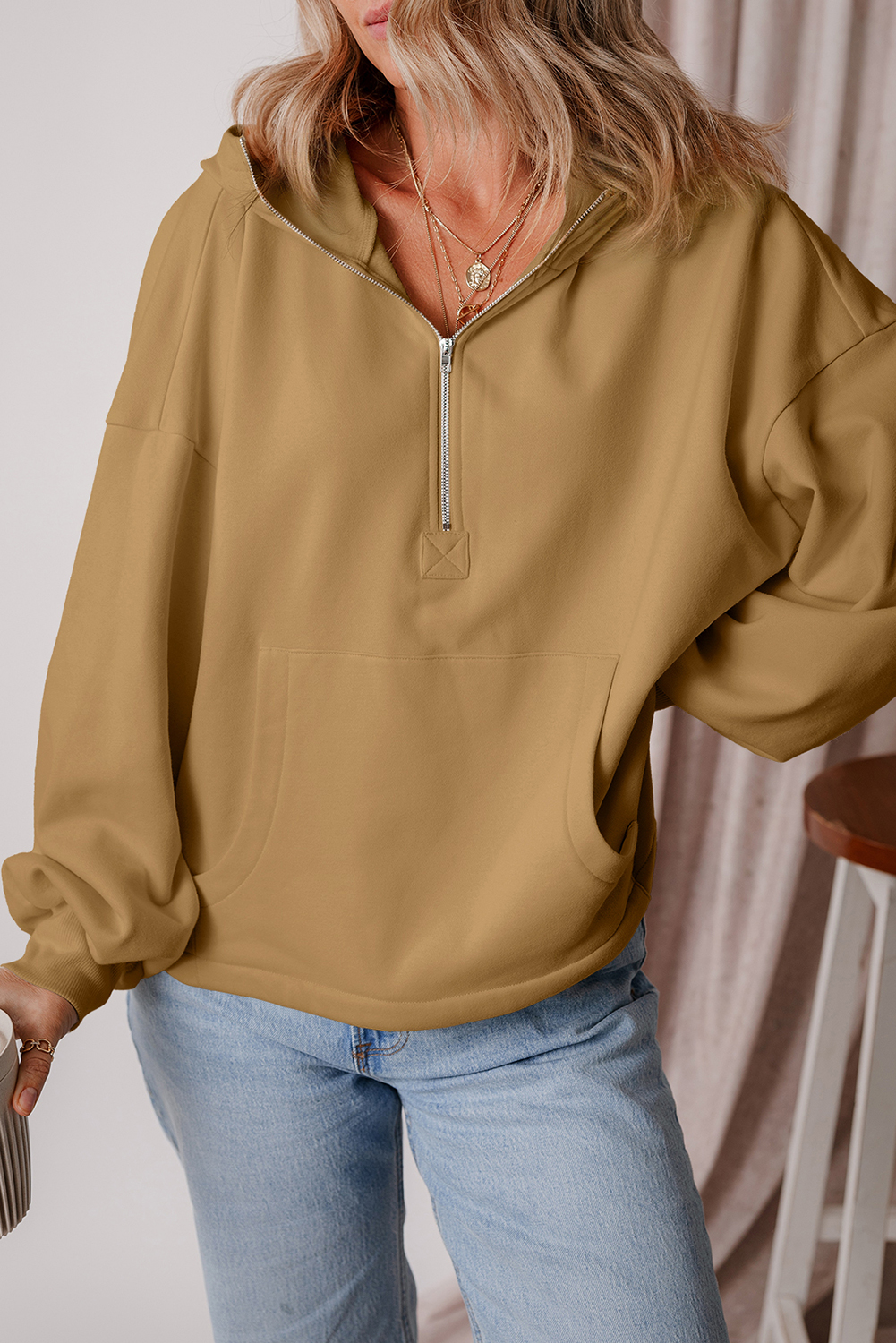 Hoodie Marrón Frisado Suelto Con Cierre - Image 3
