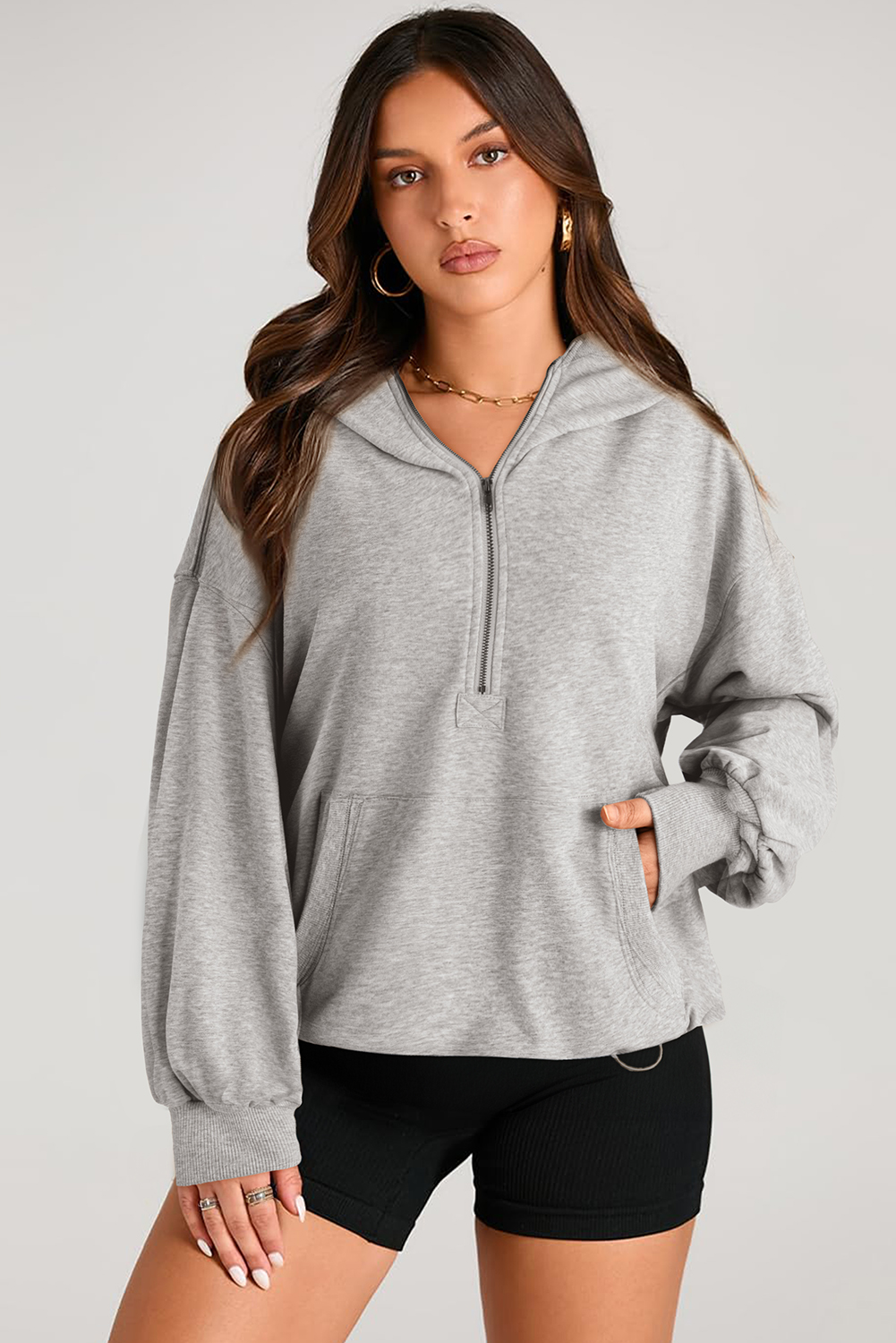 Hoodie Gris Claro Bolsillo Canguro Oversize Con Cierre - Image 3