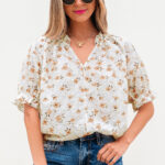Blusa Blanco Floral Manga Abullonada Escote V