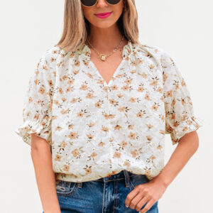 Blusa Blanco Floral Manga Abullonada Escote V