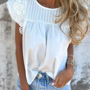 Blusa Blanco Plisado Manga Volado Cuello Redondo