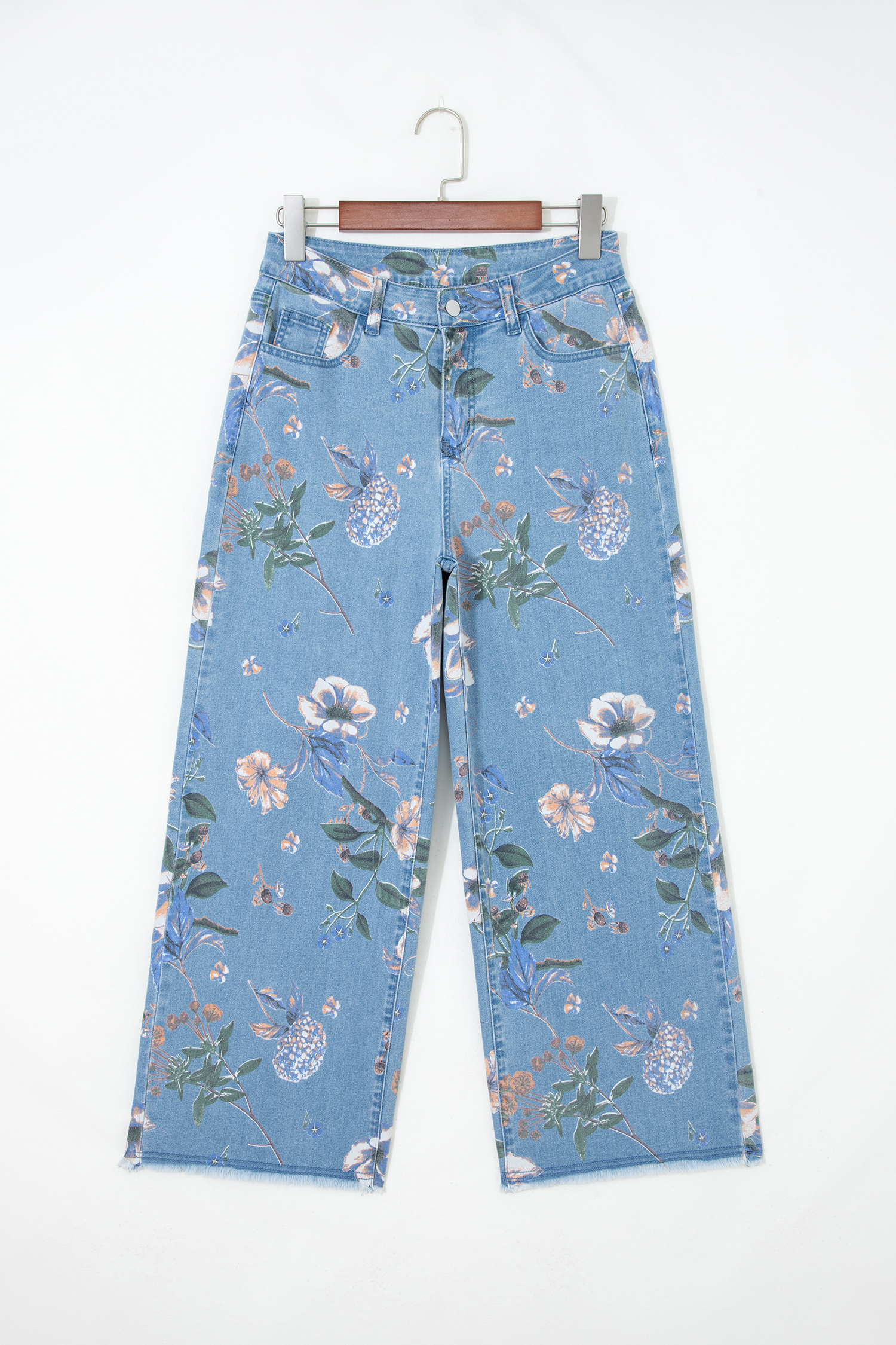 Jean Celeste Retro Floral Estampado Deshilachado Ruedo - Image 4