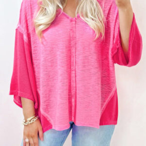 Blusa Rosa Suave Manga 3/4 Suelta Escote V