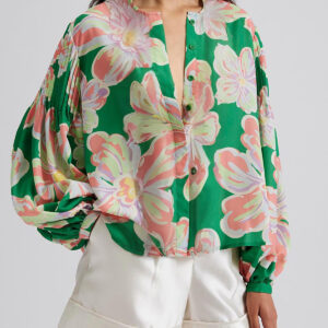 Camisa Verde Plisado Manga Abullonada Suelta