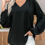 Blusa Negro Manga Abullonada Escote V