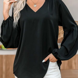 Blusa Negro Manga Abullonada Escote V