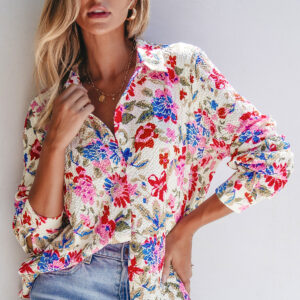 Camisa Rojo Floral Ajustada Con Cuello
