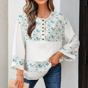 Blusa Azul Celeste Floral Manga 3/4