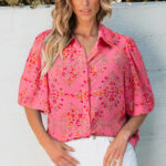 Camisa Rojo Rosado Floral Manga Corta Suelta