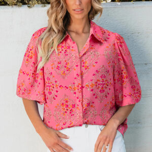 Camisa Rojo Rosado Floral Manga Corta Suelta