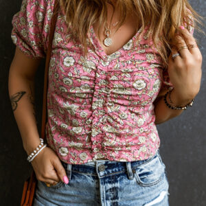 Blusa Rosa Floral Manga Abullonada Escote V