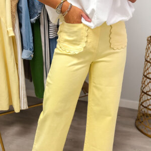 Jean Amarillo Liso Color Festoneado Aplicado Bolsillo