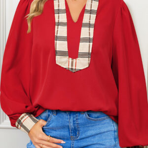 Blusa Rojo Intenso Escocés Manga Larga Escote V