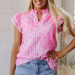 Blusa Rosa Estampado Abstracto Manga Volado Escote V