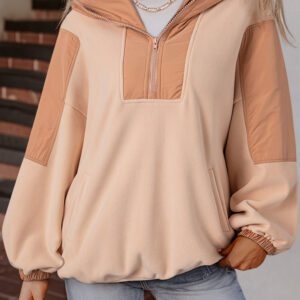 Hoodie Beige Francés Claro Patchwork Oversize Con Cierre
