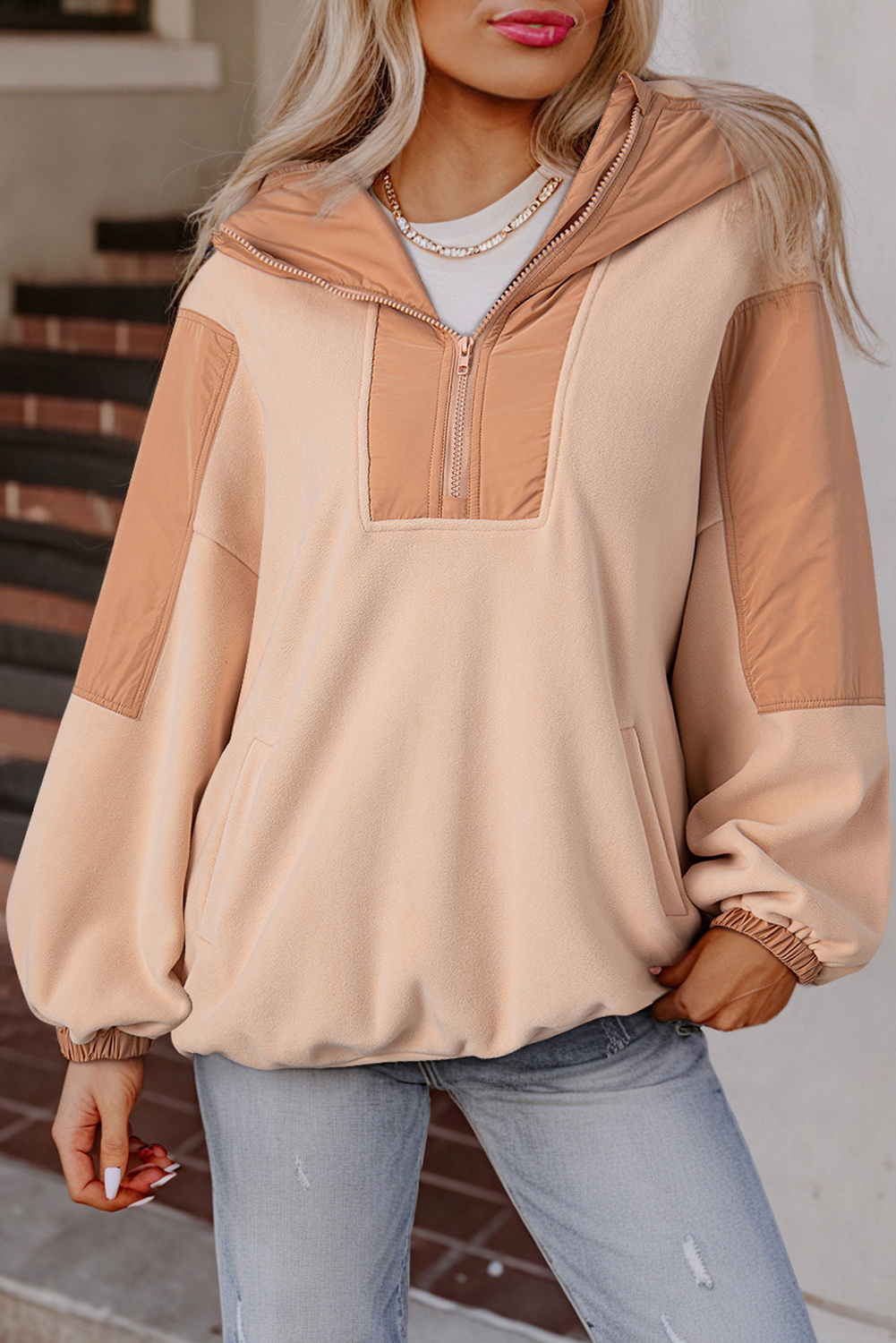 Hoodie Beige Francés Claro Patchwork Oversize Con Cierre