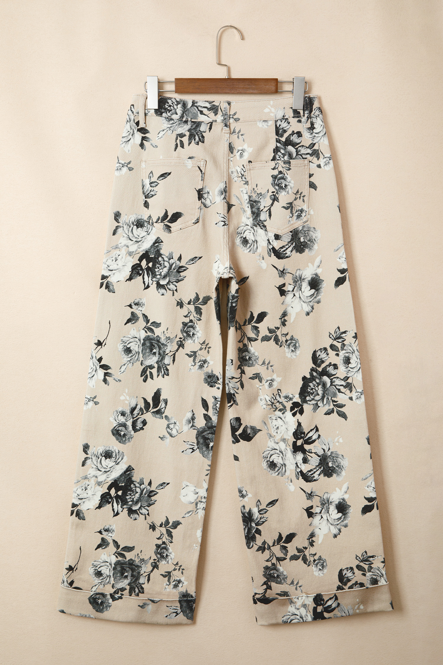 Jean Beige Retro Floral Estampado Doblado Con Puño Ruedo - Image 6