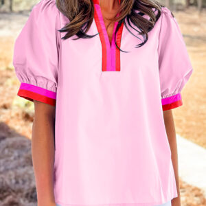 Blusa Rosa A Rayas Manga Abullonada Escote V