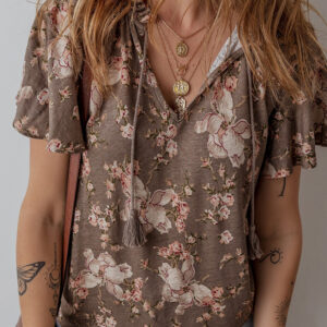 Blusa Caqui Floral Manga Corta Escote con Abertura