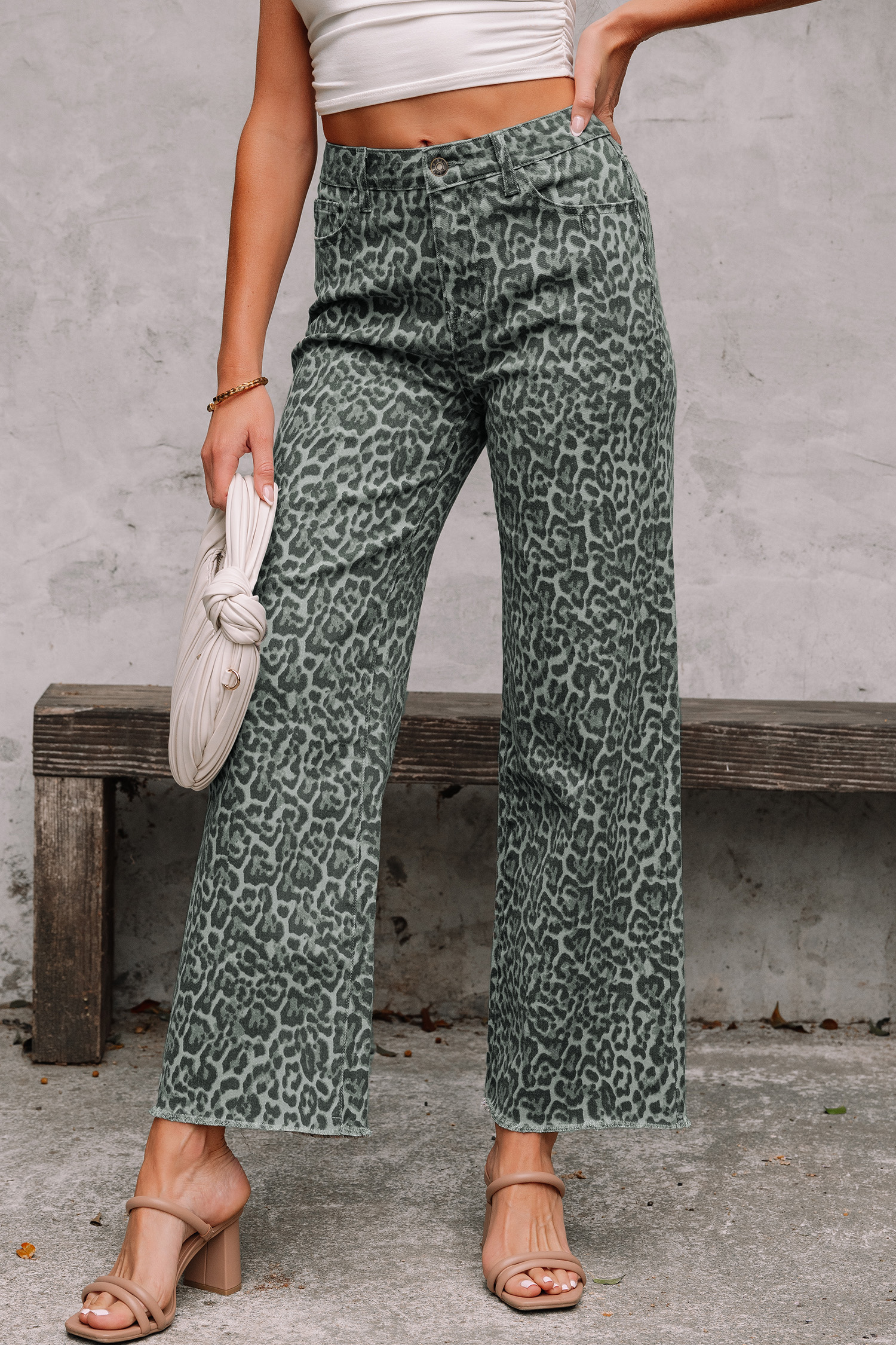 Jean Gris Animal Print Leopardo Deshilachado Borde Pierna