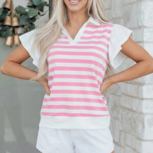 Blusa Rosa a Rayas Con Volados Manga Corta Escote V