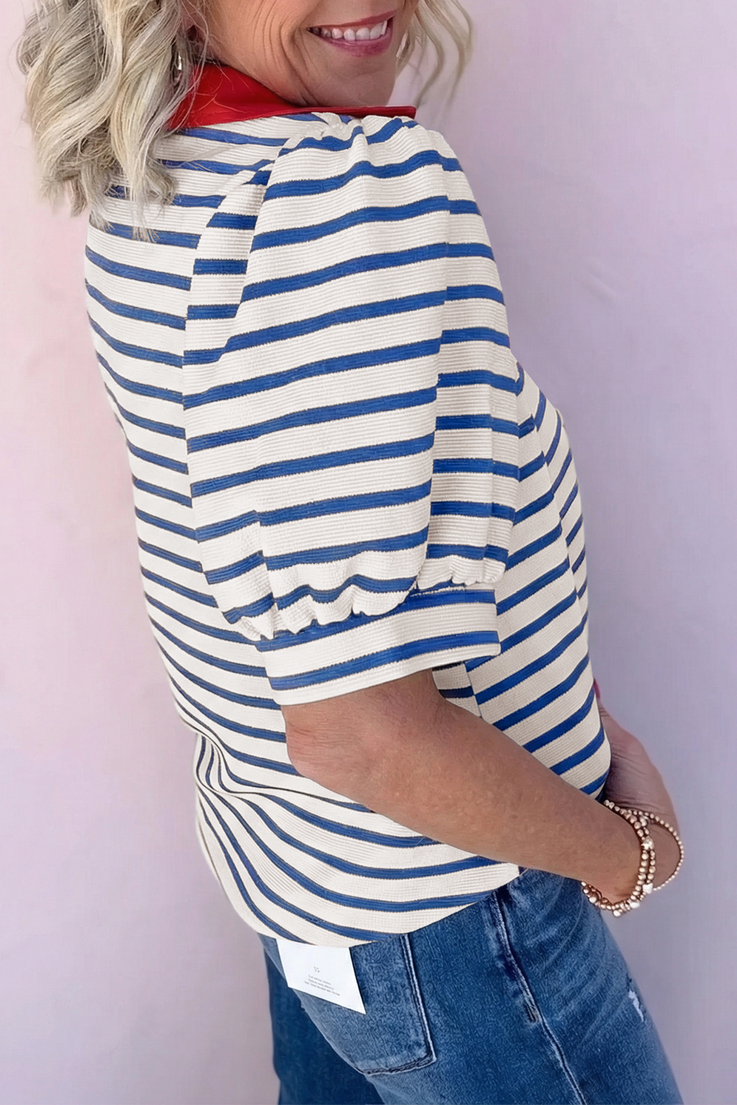 Blusa Azul a Rayas Combinado Manga Abullonada Con Cuello - Image 2