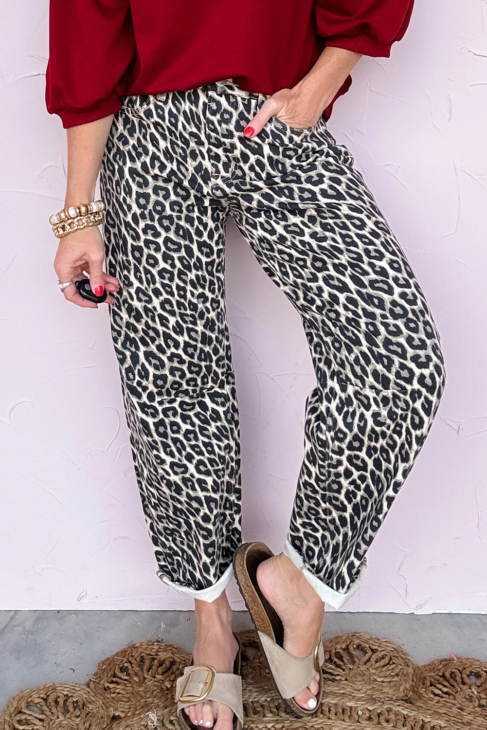 Jean Negro Animal Print Leopardo Estampado Barrel