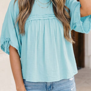 Blusa Azul Neblina Plisado Manga Corta Estilo Babydoll