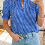 Blusa Azul a Rayas Con Volados Manga Abullonada